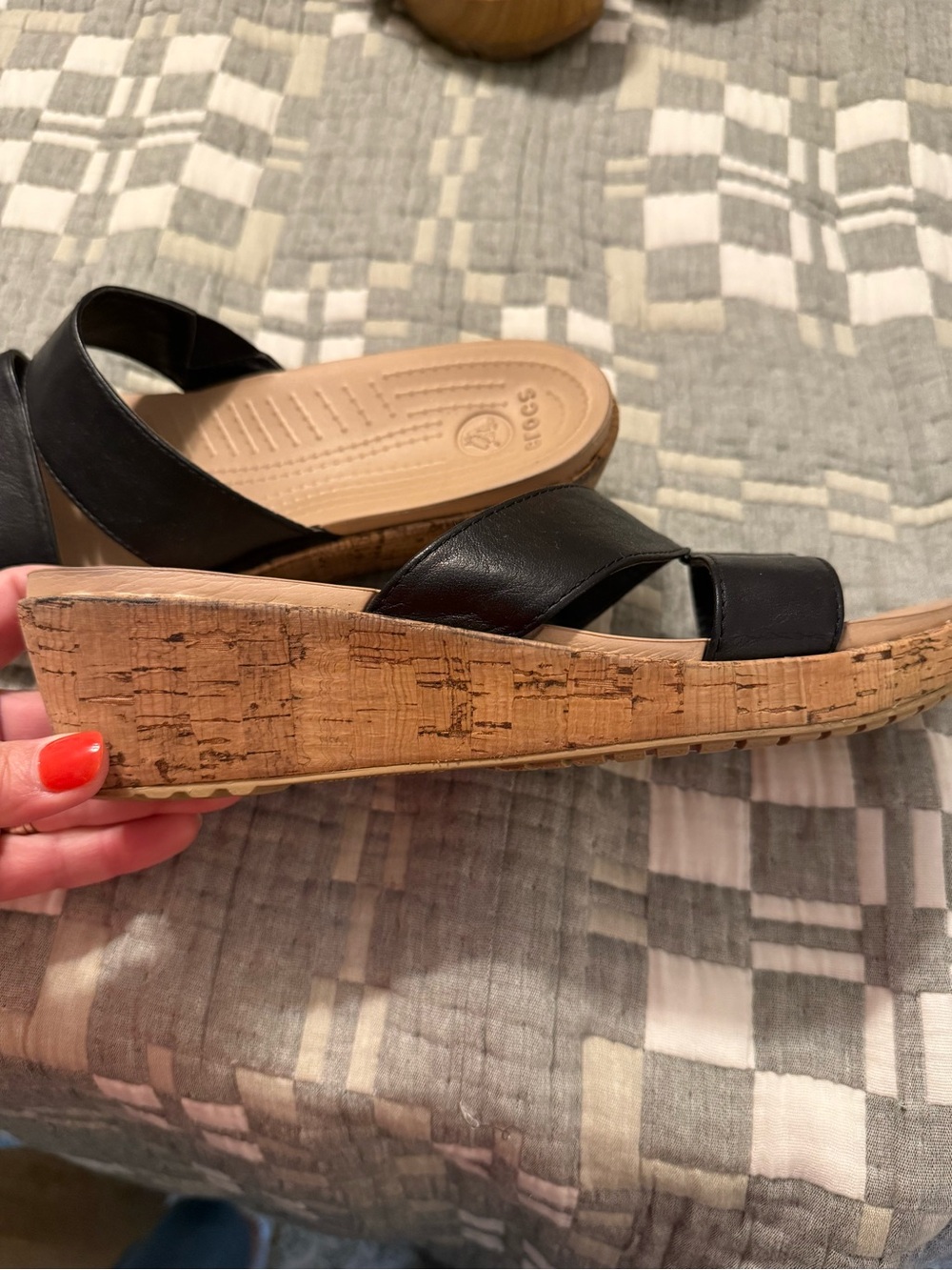 CROCS Black Leather-Look Cork Wedge Sandals